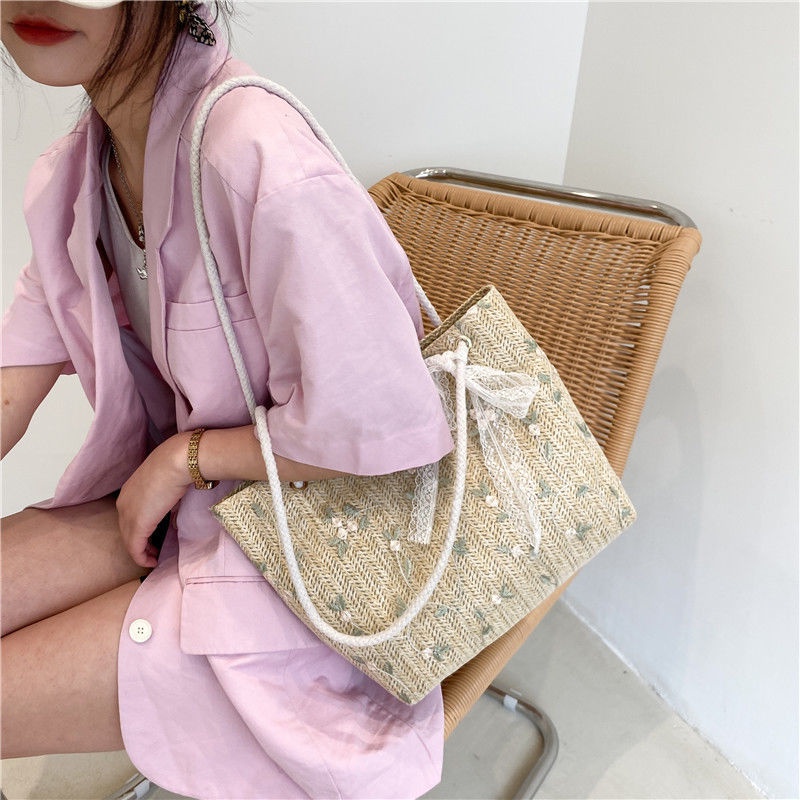 Túi Xách Đan Rơm Phối Ren 2 Kiểu Phong Cách Phương Tây Thời Trang Mùa Hè Cho Nữ