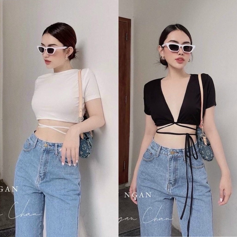Áo kiểu khoét ngực cột dây mặt được hai kiểu