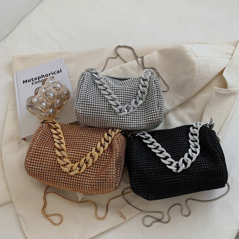 IELGY Túi Đeo Vai Đính Đá Phối Dây Xích Thời Trang Cho Nữ