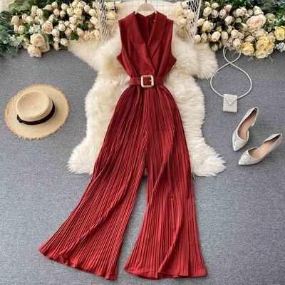 Jumpsuit cổ véc quần ống rộng xếp ly   170222