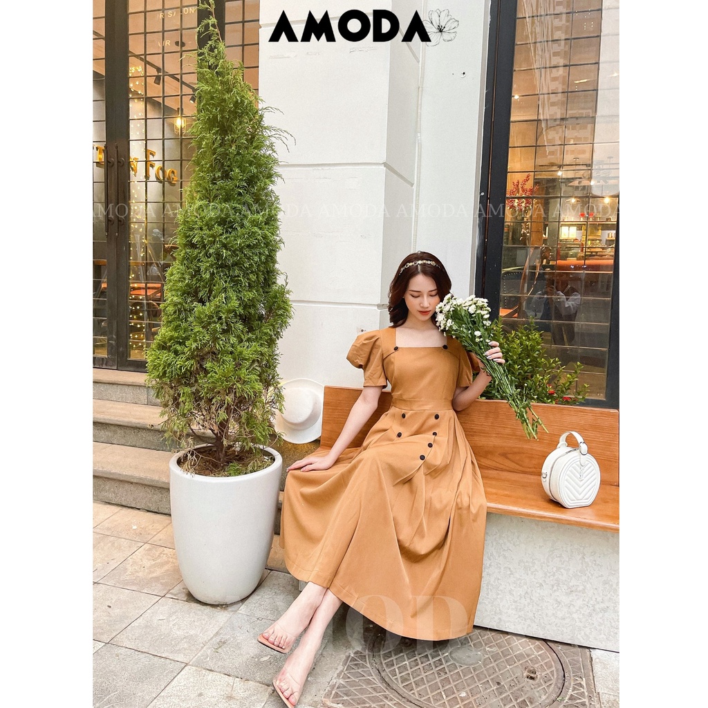 Váy xinh DANG DÀI siêu tôn dang tôn eo  vai bồng màu nâu dễ thương AMODA thiết kế cao cấp VN002