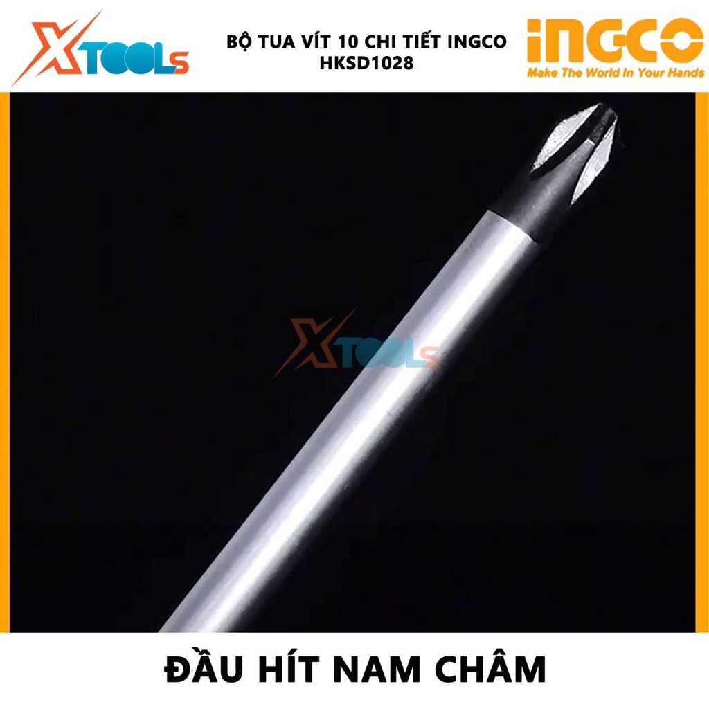 Bộ tuốt nơ vít 10 chi tiết INGCO HKSD1028 bộ 10 tua vít chất liệu thép crv, tay cầm bọc nhựa gồm 6 vít dẹp, 4 vít bake v
