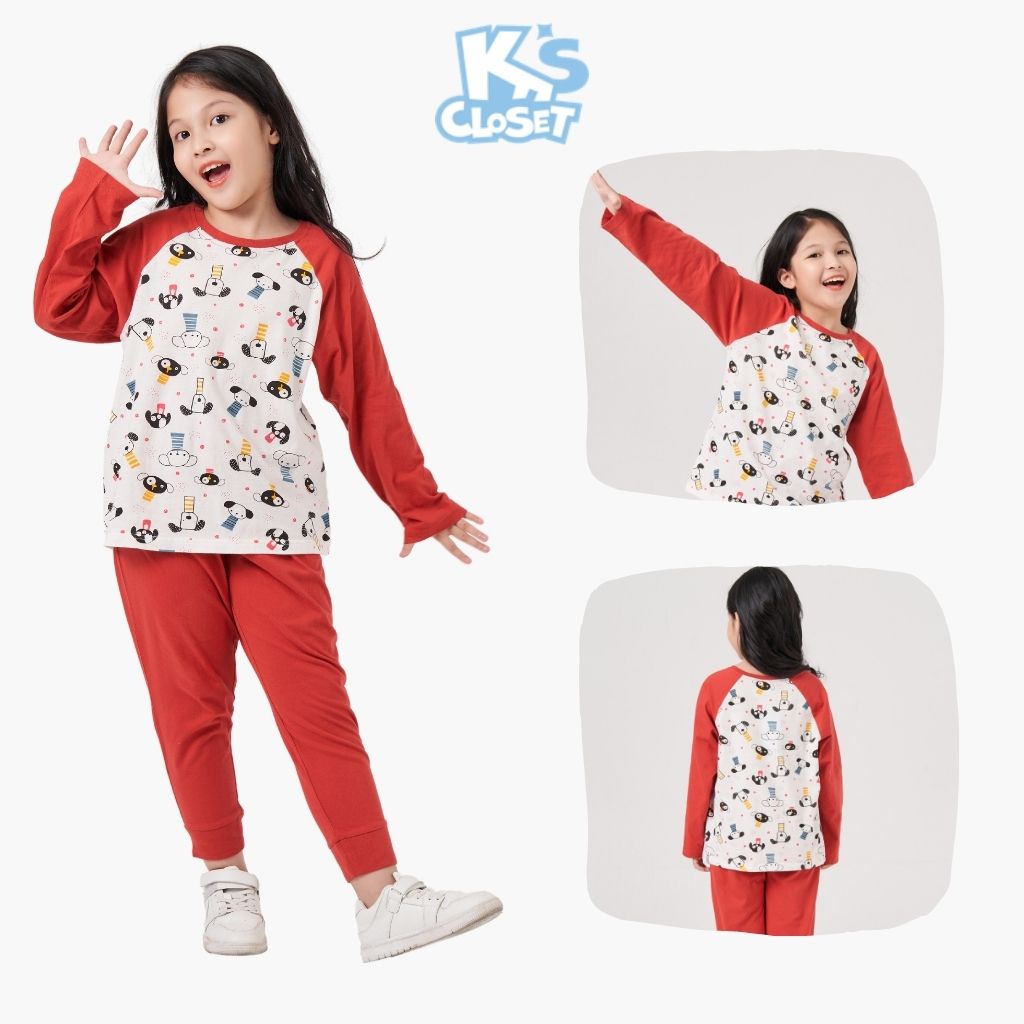 Bộ dài tay trẻ em K'S CLOSET dáng xuông, hai màu đen và đỏ cho bé trai và bé gái (2-14 tuổi) E023ONF