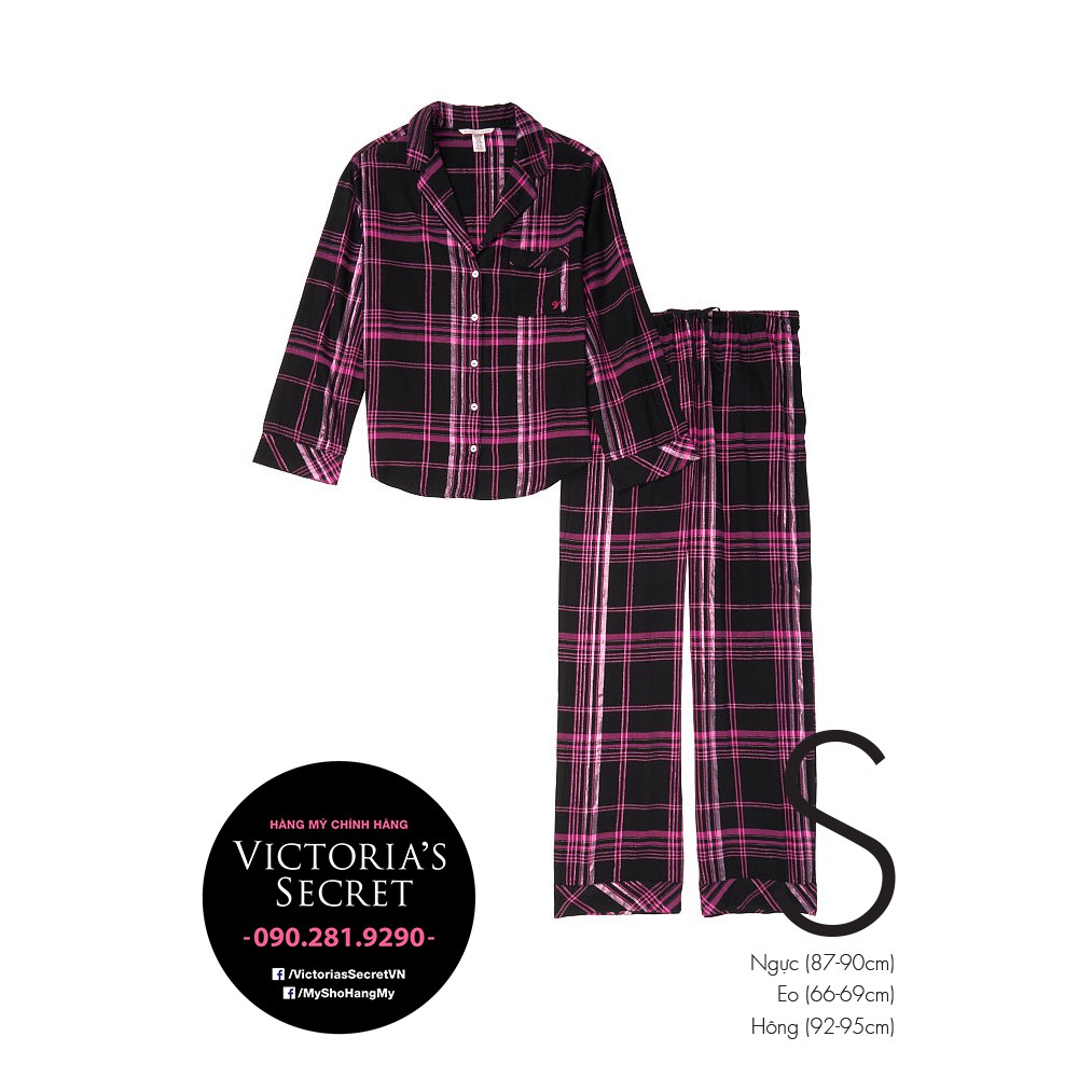 (Sleep S) - Bộ đồ ngủ dài, caro tím đen (19), viền lấp lánh, Shimmer Flannel Long, Black Hot Pink - Victoria's Secret