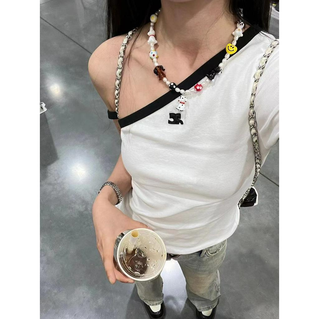 Courreges LE SSERAFIM Sakura Áo Thun Cotton Ngắn Tay Trễ Vai Thêu Họa Tiết Phong Cách Mỹ Cho Nữ