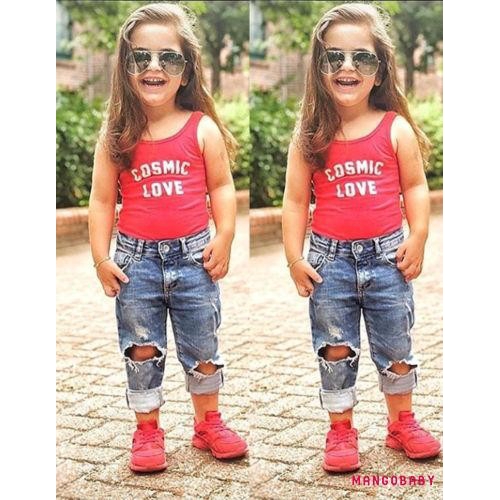 Set 2 Món Áo Thun Sát Nách + Quần Denim Dài Thời Trang Cho Bé Gái