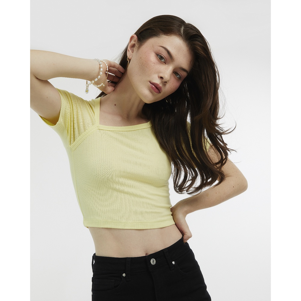 TheBlueTshirt - Áo Croptop Nữ Màu Vàng Chanh - Neckline - Lemon Cutout Rib Cotton Top