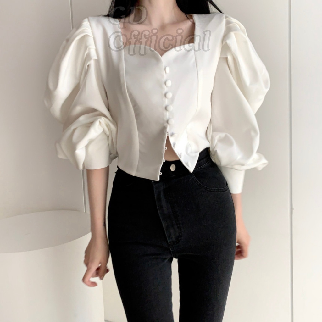A4|Áo sơ mi nữ cổ vuông nữ tay phồng xếp lớp nhiều nút dáng croptop ngắn chất lụa satin mềm mại trắng, đen GD Official
