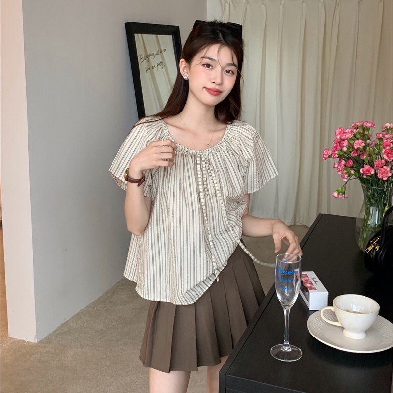 Áo SUXI ngắn tay dáng chữ A họa tiết kẻ sọc phong cách cổ điển Hàn Quốc cho nữ