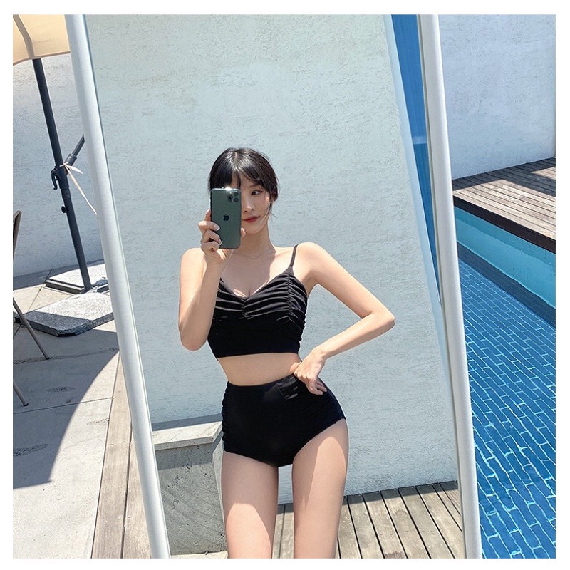 [HÀNG QUẢNG CHÂU] Bikini 2 mảnh lưng cao màu đen áo nhún ngực cá tính | BigBuy360 - bigbuy360.vn