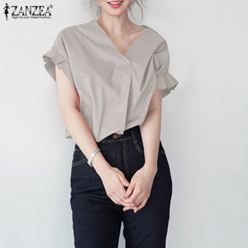 Áo thun ZANZEA tay ngắn cổ chữ V thời trang phong cách Hàn Quốc cho nữ