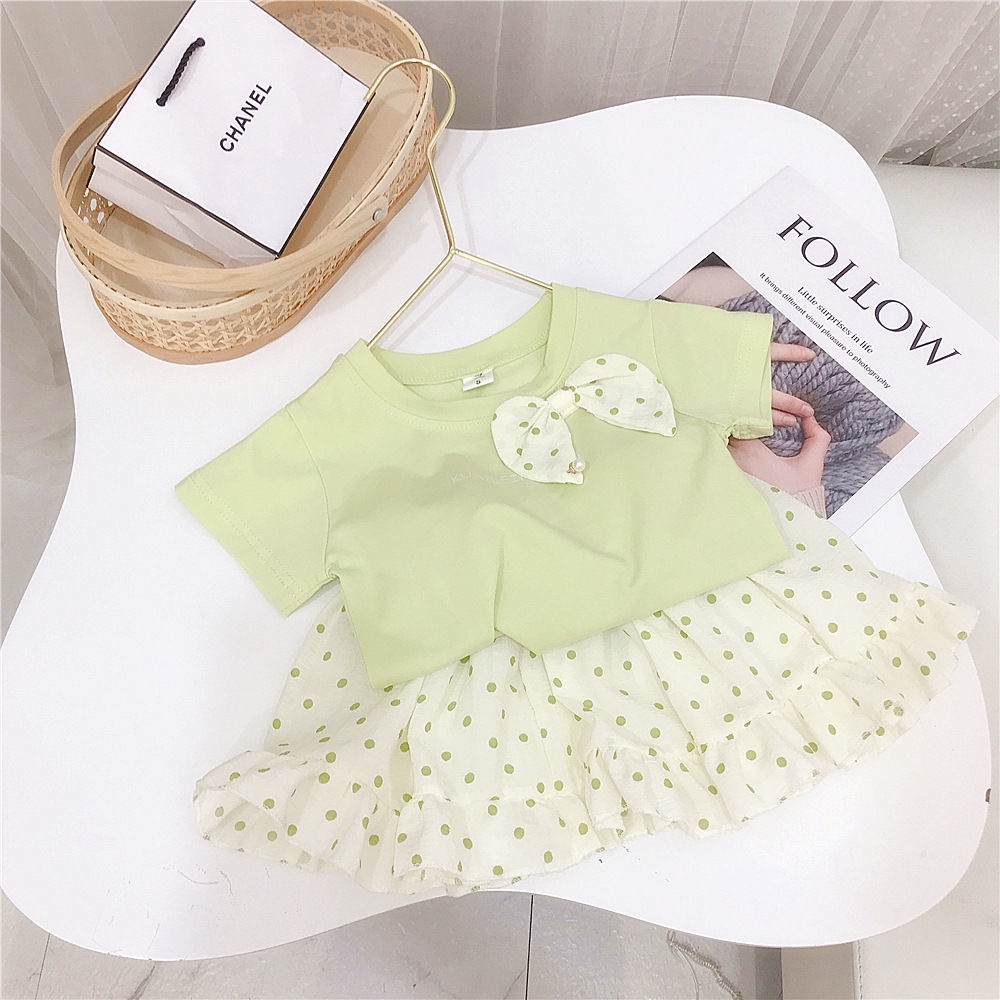 Set Áo Thun Tay Ngắn Thắt Nơ + Chân Váy Chấm Bi Thời Trang Hè Hàn Quốc 2023 Mới Cho Bé Gái