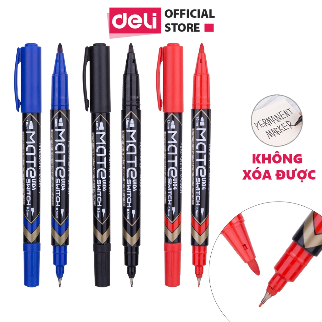 Bút dạ kính 2 đầu Deli - không xóa được, mực vĩnh cửu - Mực Đen/Xanh/Đỏ - 1 cây/hộp - EU10420 / EU10430 / EU10440