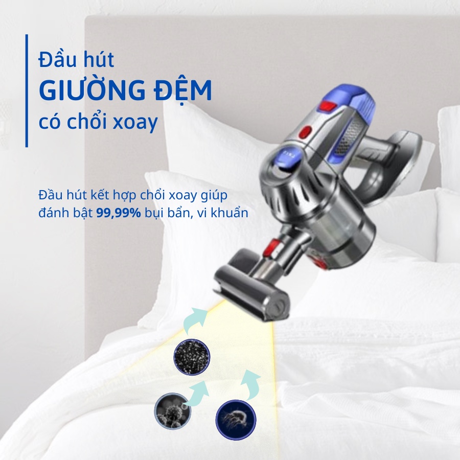 Đầu hút giường đệm có chổi xoay máy hút bụi không dây cầm tay Fiko V6 - Hút giường đệm với lực hút cực mạnh