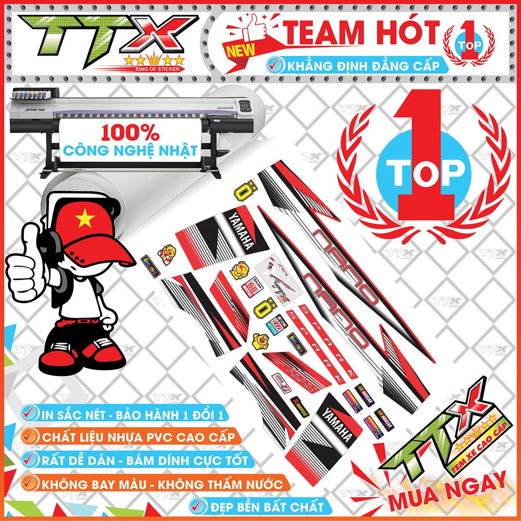 Tem xe sirius trắng đỏ spack nano , Tem dán xe sirius nano trắng đen đỏ siêu đẹp , Shop Team sirius trắng đen