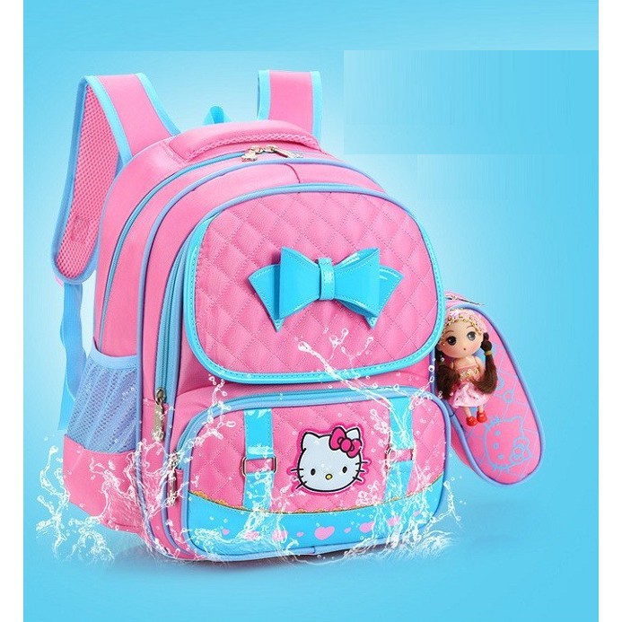 Balo thiết kế đi học bé gái, cặp sách Hello Kitty TẶNG kèm hộp bút và búp bê dễ thương