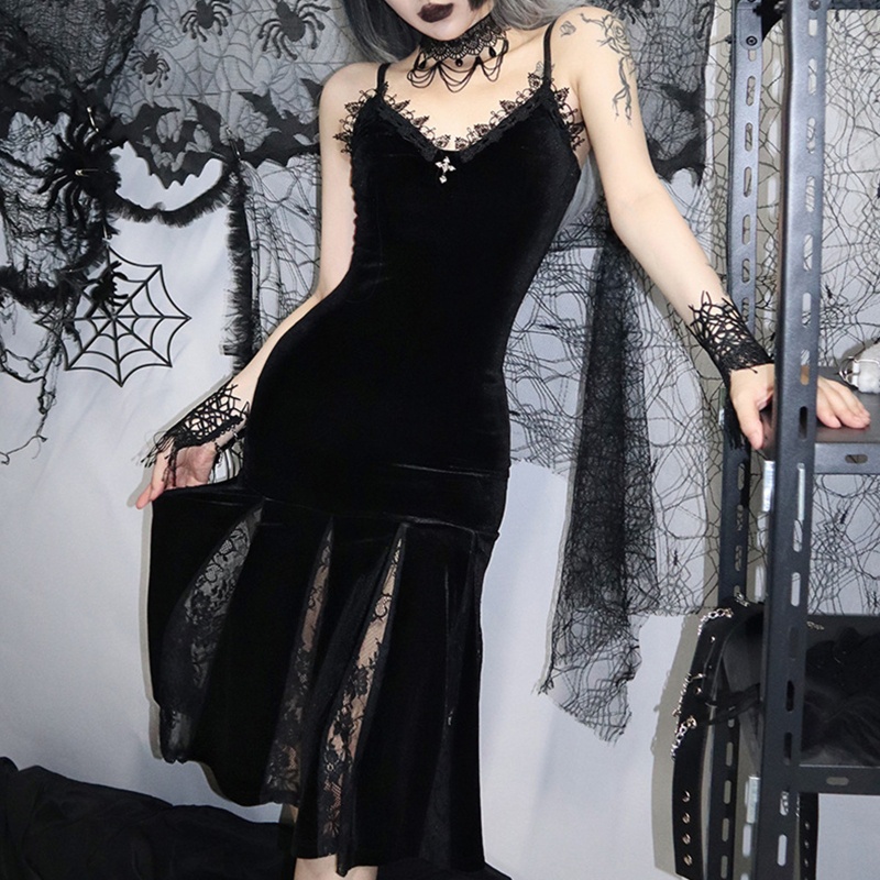 Brroa Đầm Nhung Midi Đuôi Cá Xếp Ly Phối Ren Dây Chéo Phong Cách Goth Cổ Điển Goth Cho Nữ