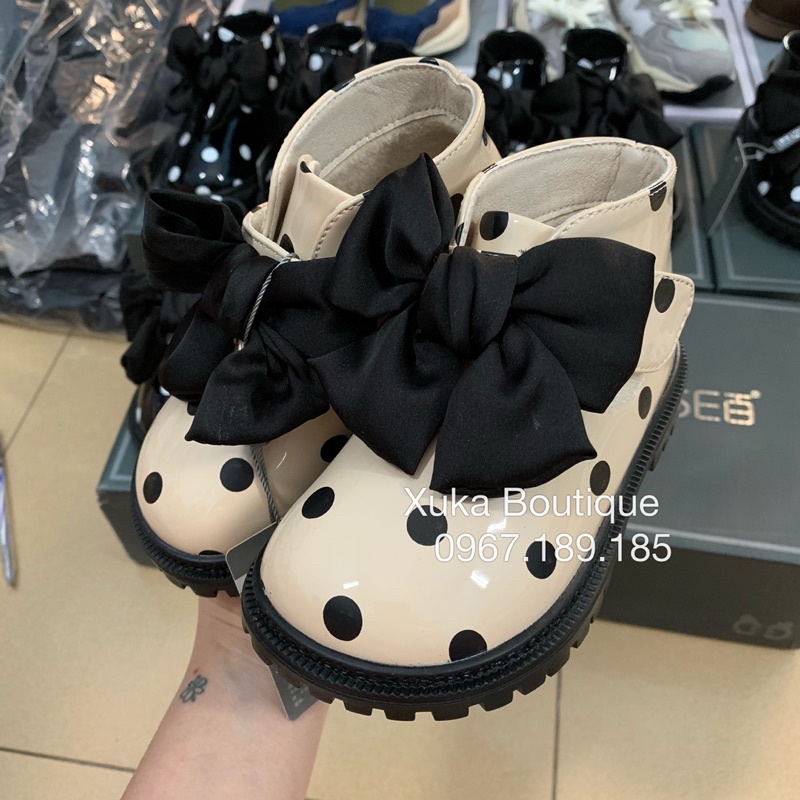 Giày Công Chúa Cao Cấp Bé Gái - Bốt Da Bóng Chấm Bi Có Nơ[Ảnh, Video thật]