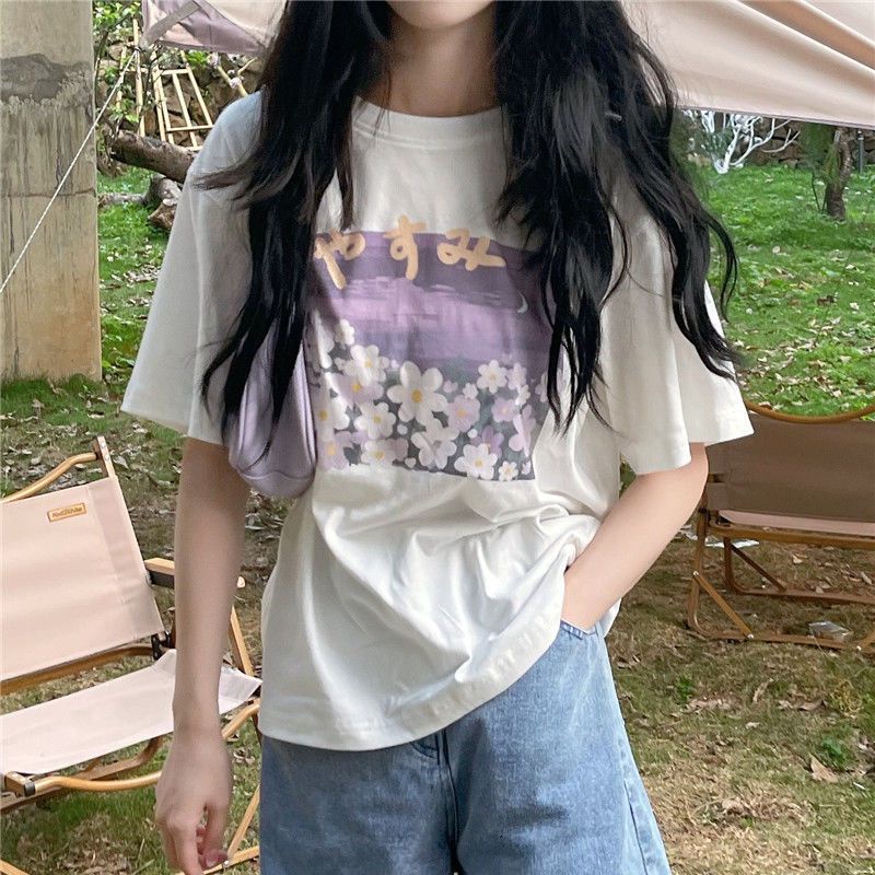 Áo Thun Cotton Ngắn Tay Dáng Rộng Lưng Cao Thời Trang Mùa Hè Hàn Quốc 2022 Cho Nữ