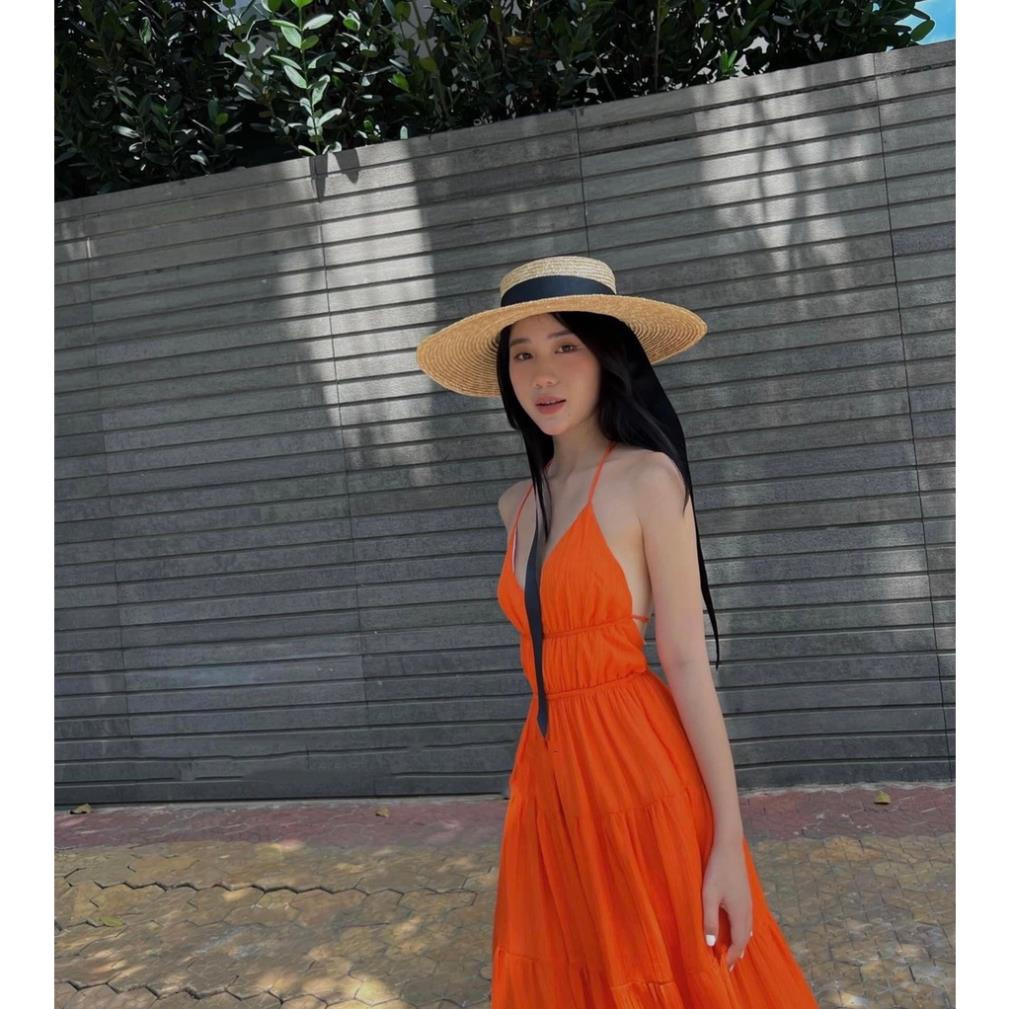 Đầm maxi cam 3 tầng hở lưng chất đũi tơ có cup ngực