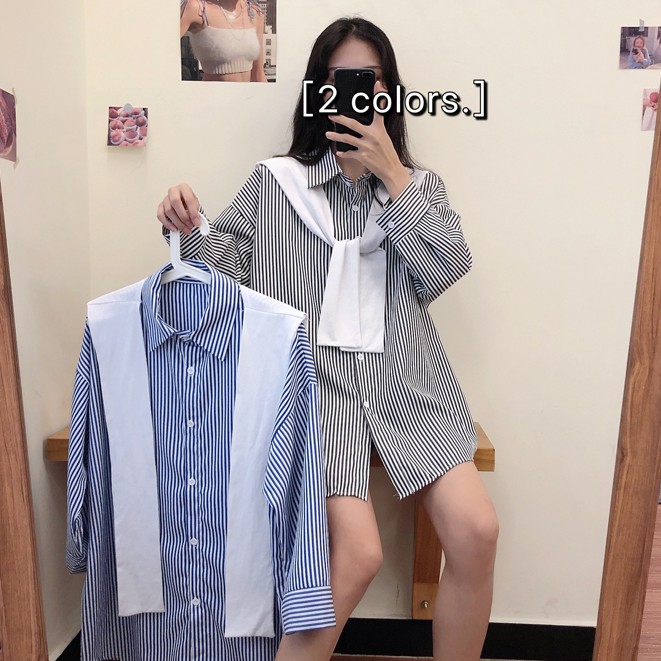 Áo Sơ Mi Dáng Rộng Họa Tiết Kẻ Sọc Phối Khăn Phong Cách Vintage Nhiều Màu Sắc Hàng Loại 1 Chất Đẹp