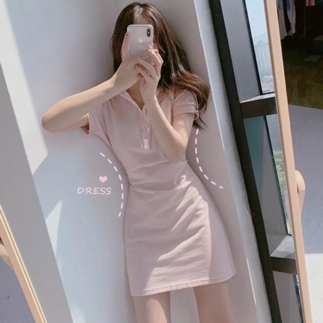 Váy polo pastel dáng ôm body - Đầm thun cổ bẻ cộc tay màu đen xám hồng phong cách hàn quốc đẹp ulzzang | BigBuy360 - bigbuy360.vn