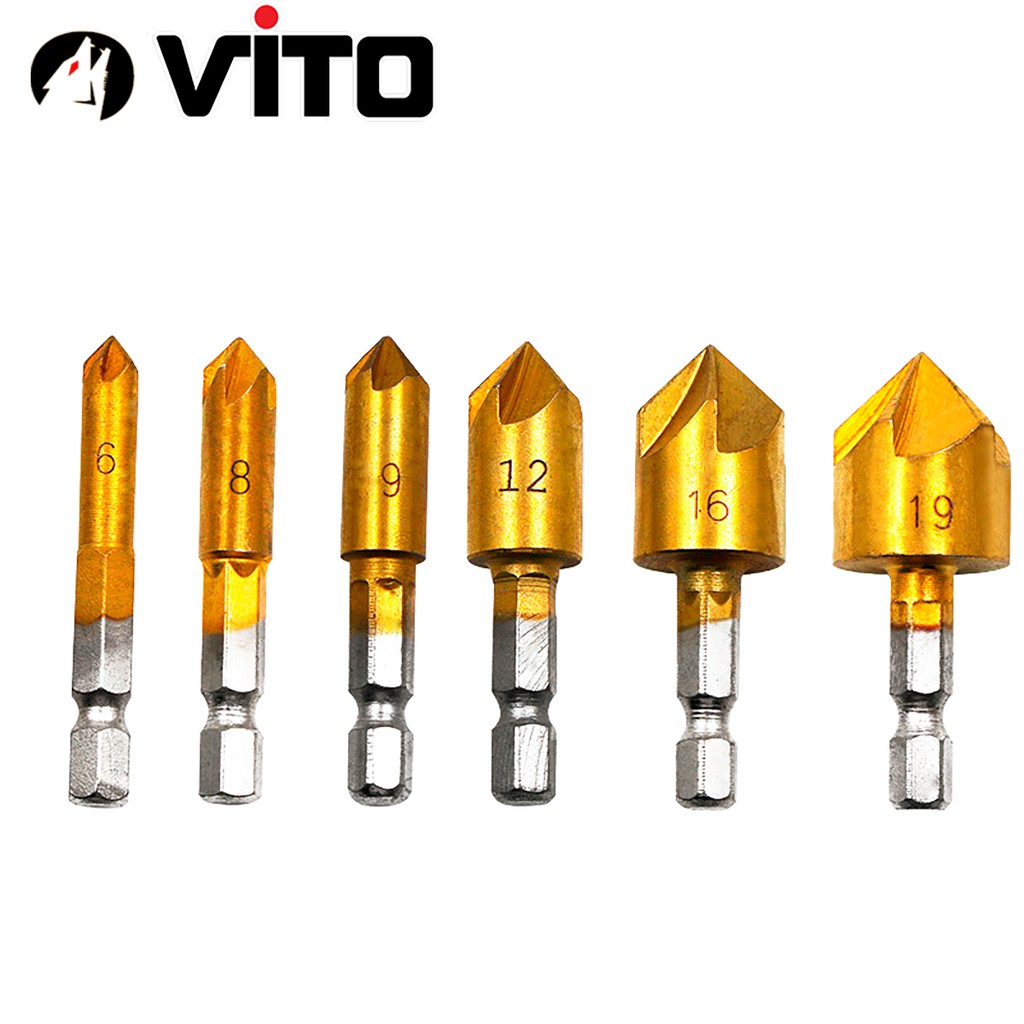 Bộ 6 Mũi Doa Âm Miệng Lỗ Bắt Âm Vít 5 Lưỡi Phay VITO Phủ Titanium 6-19mm Chuôi Lục Giác