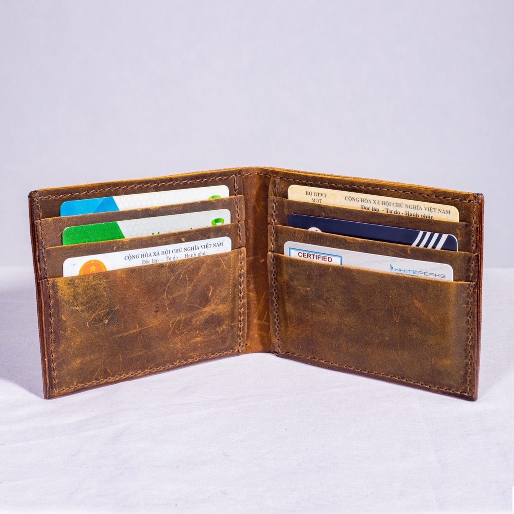 Ví nam da bò sáp ngựa điên khâu tay thủ công loại một ngăn dáng đứng dáng ngang chính hãng Bioline