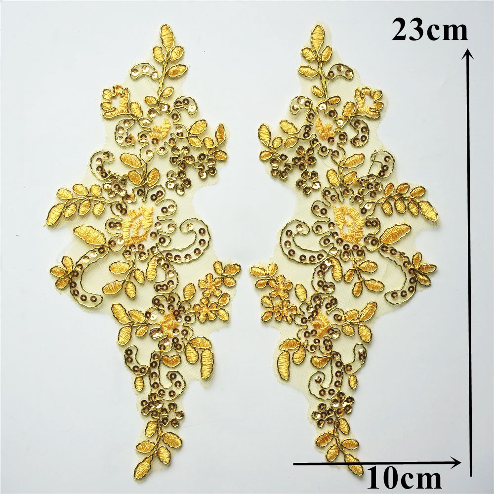 Set 2 Miếng Vải Ren Thêu Hoa Đính Kim Sa Lấp Lánh Dùng May Cổ Áo diy