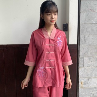 Bộ quần áo nữ Phật tử, đồ lam đi chùa Kate A07A