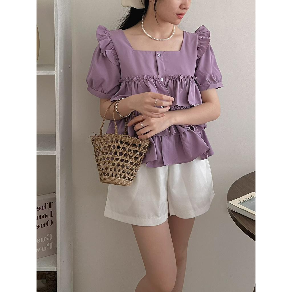 Áo sơ mi cổ vuông chất thô mát bèo tầng, áo kiểu babydoll xinh