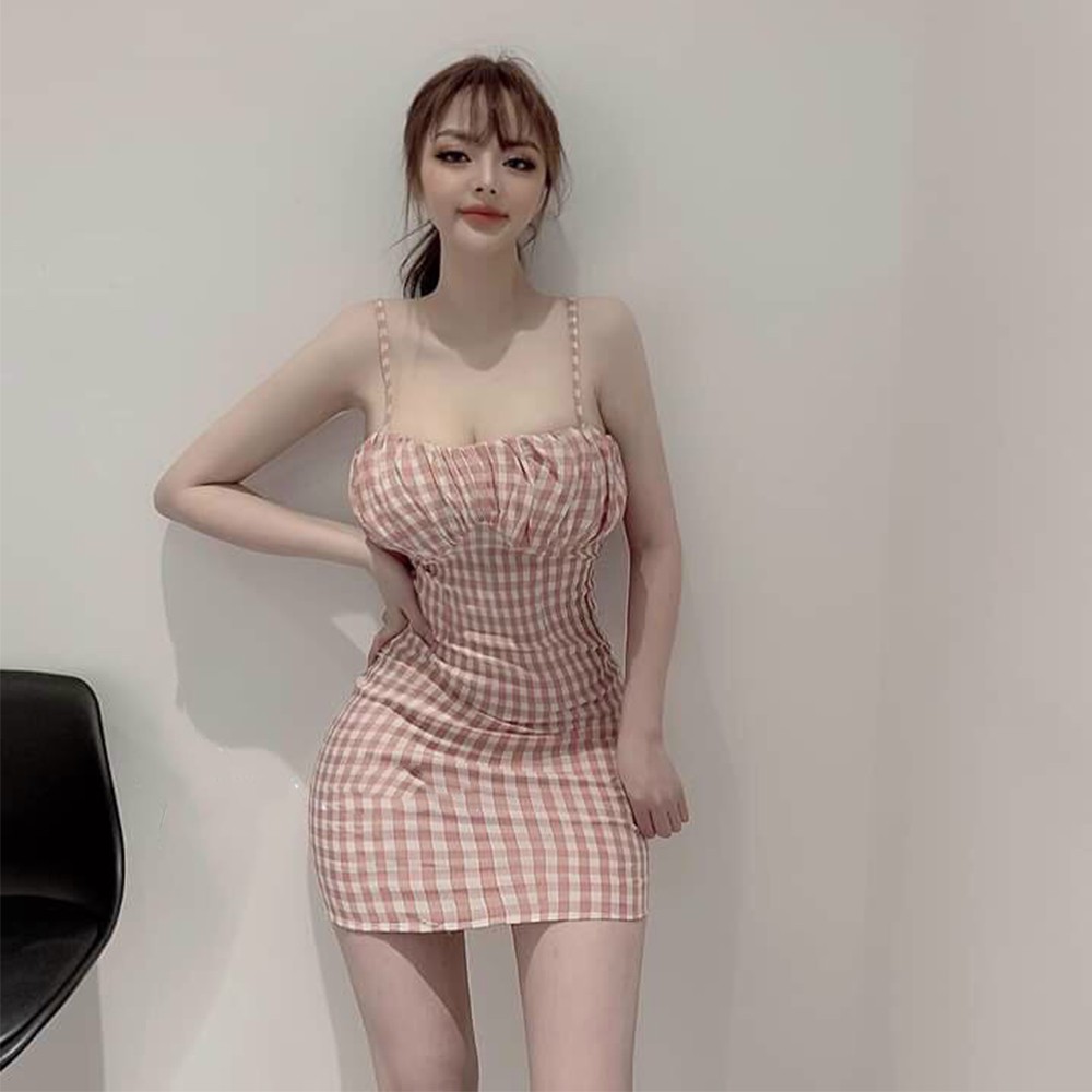 Đầm váy caro 2 dây tôn ngực siêu xinh đa sắc màu ( vàng, hồng ) cho nàng dạo phố dự tiệc orange.vn