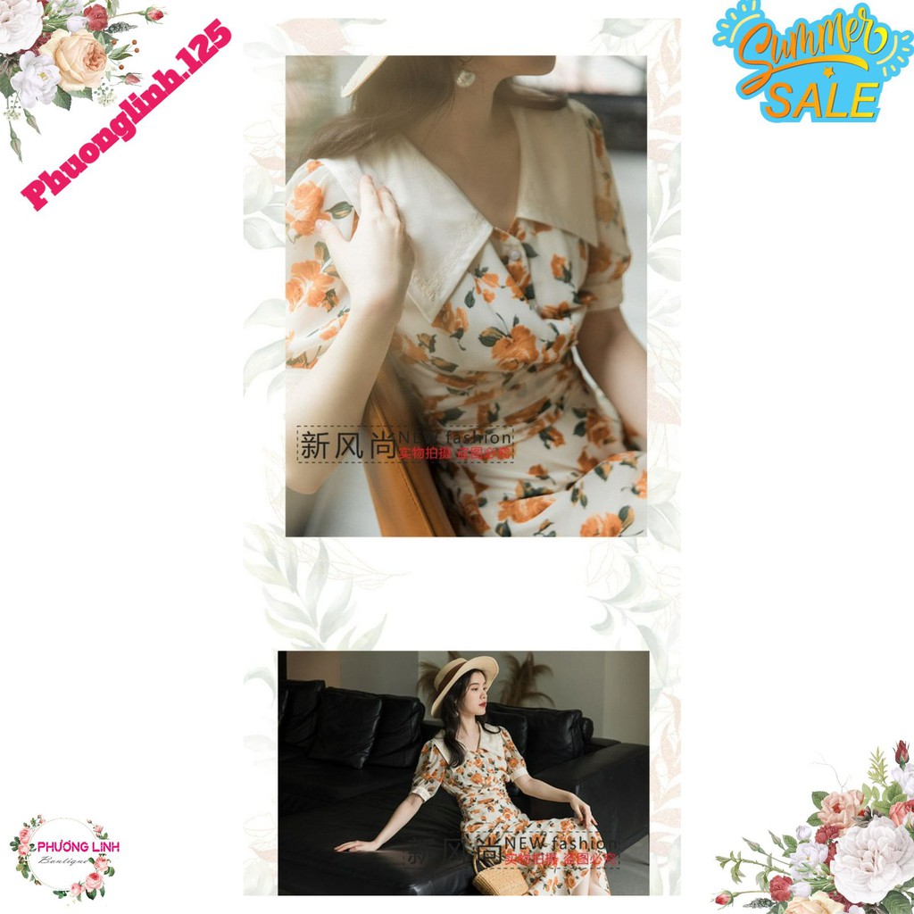 VÁY HOA VÀNG CAM PHỐI CÚC NGỌC VINTAGE | BigBuy360 - bigbuy360.vn