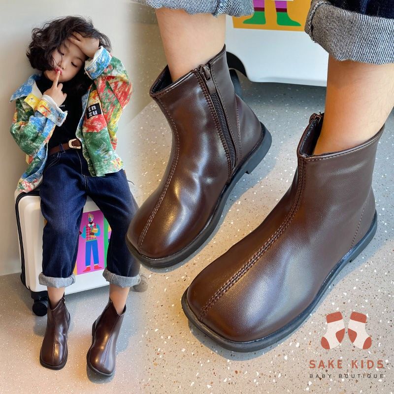 Bốt cao cổ cho bé trai bé gái - Giày bốt chất cực đẹp có khóa kéo mẫu trơn da mềm đế chống trơn trượt cho bé FL610