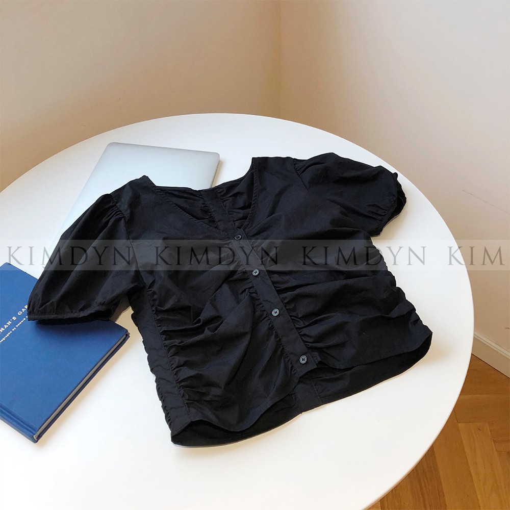 Áo croptop tay phồng Hàn Quốc áo sơ mi kiểu nhún 3 màu KimDyn