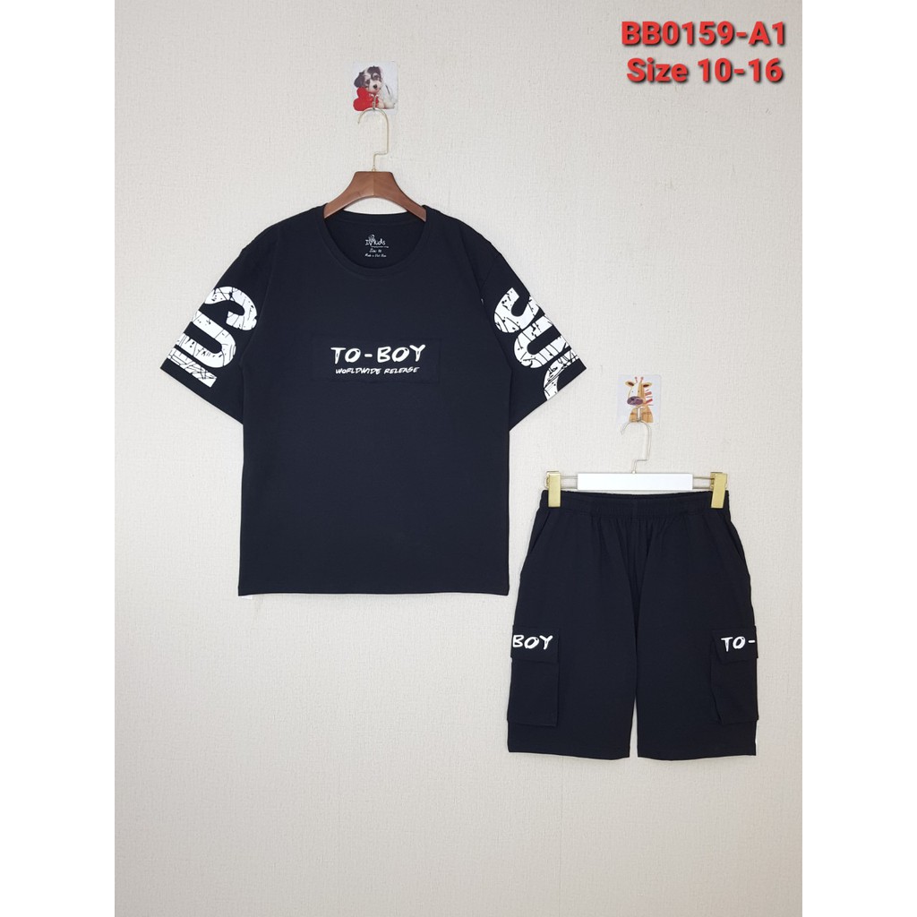 BB0159-A1 - Bộ cotton , bé trai , cộc tay , túi hộp , in chữ To Boy , màu đen , size đại 15t-20t - hàng Made in Vietnam