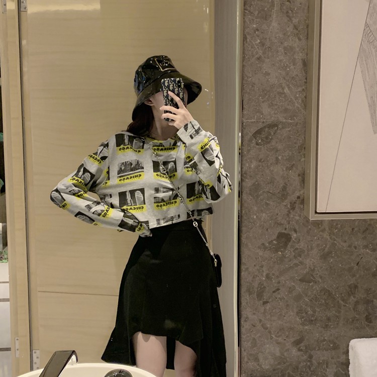 Set áo croptop nữ tay dài cổ tròn + váy đen đuôi cá không đều ulzzang ( 2 màu ) có bán riêng