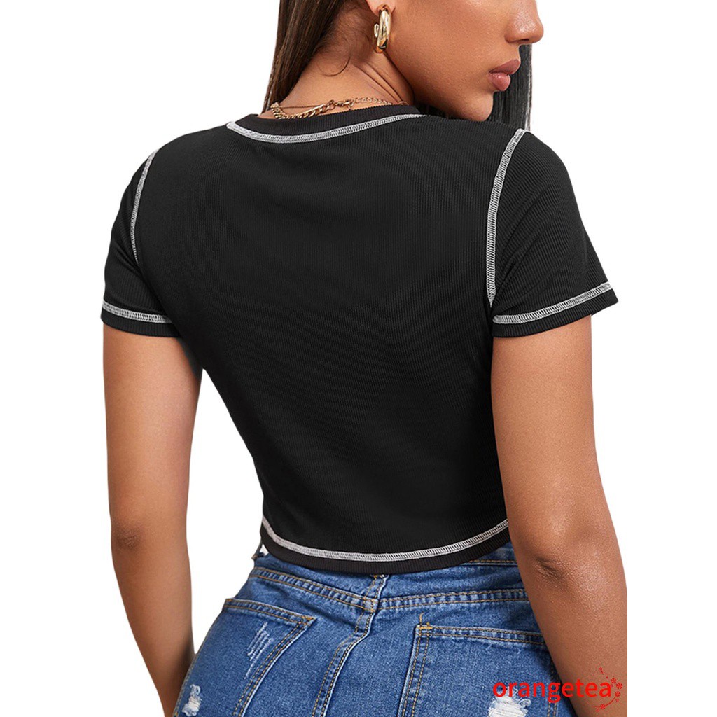 Áo Thun Croptop Tay Ngắn Cổ Tròn In Hình Thiên Thần Nhỏ Phối Màu Tương Phản Cho Nữ