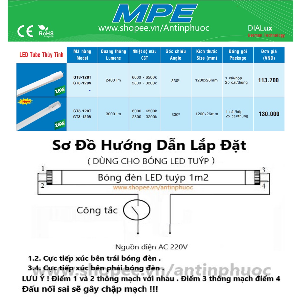Bóng đèn led tuýp dài 1m2 MPE 18-28w - TUBE LED 1.2m  Hiệu suất cao , tiết kiệm điện 18w - 28w