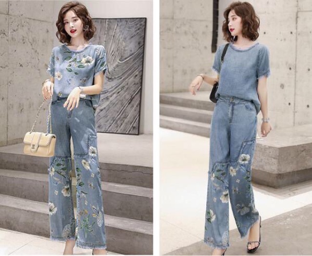 Set jean nữ cao cấp thiết kế phối hoa trẻ trung năng động QCNP1866