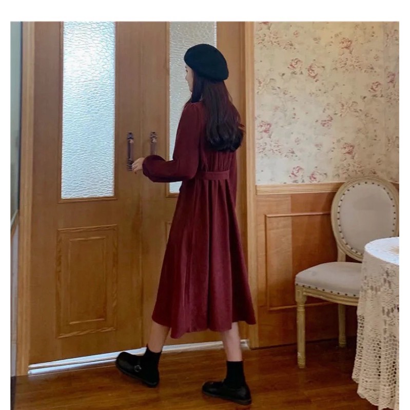 Váy cổ vuông dài tay thu đông ,phiên bản hàn quốc eo cao chất nhung tăm nhỏ dáng xoè . hàng Loại 1 . | BigBuy360 - bigbuy360.vn