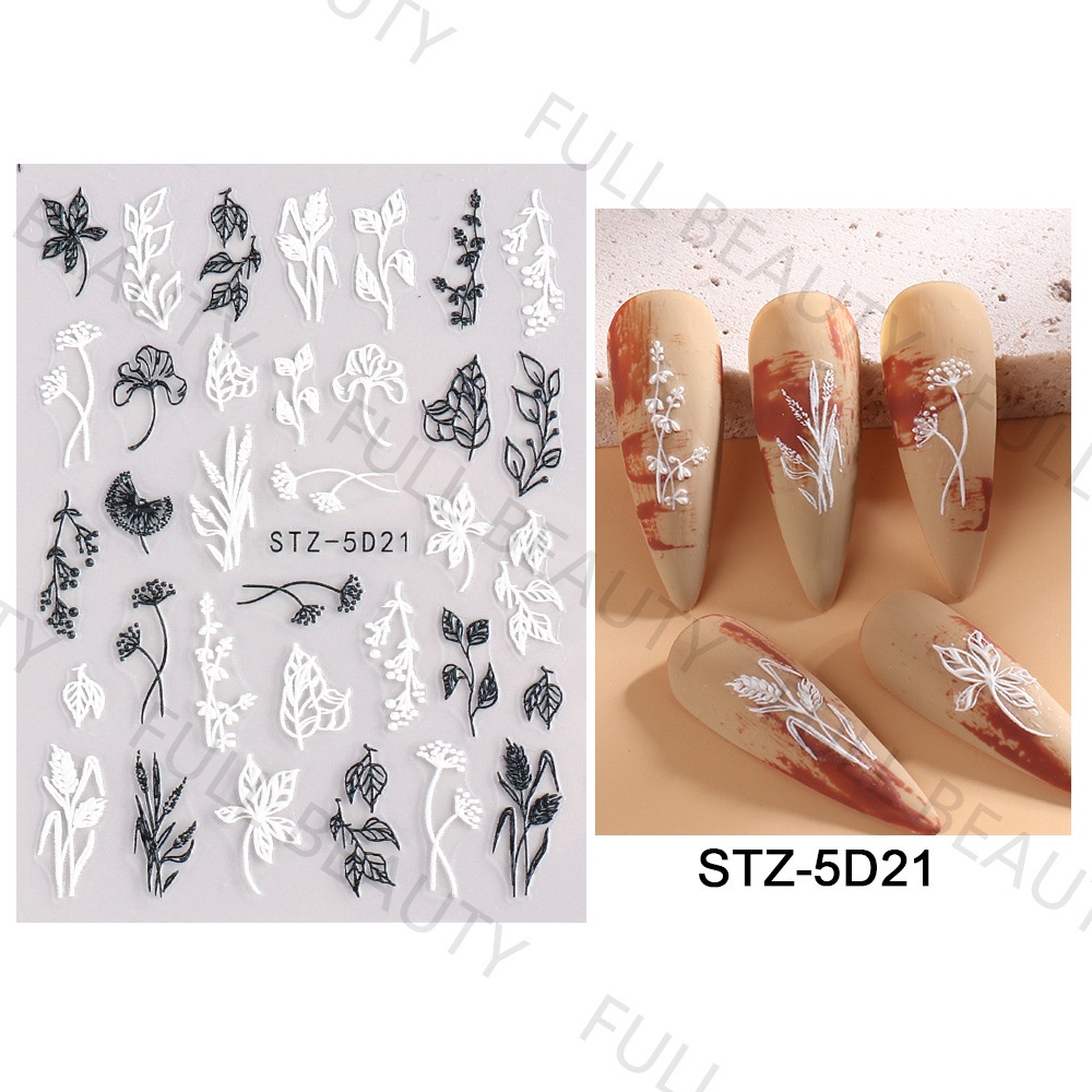 Miếng Dán Móng Tay Hình Hoa Hồng Trắng Đen 5D 2022
