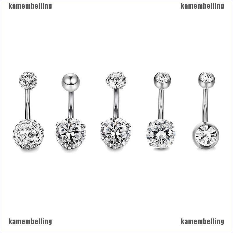 Bộ 5 Khuyên Rốn Bằng Thép Không Gỉ Đính Pha Lê