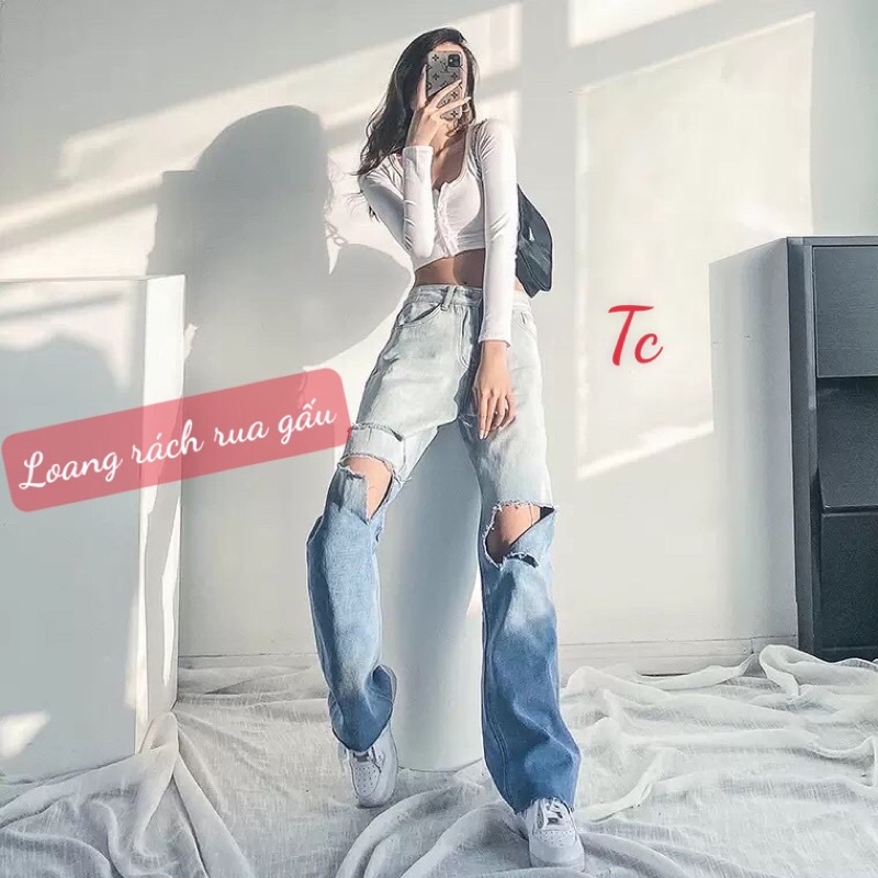 [BÁN SỈ] Quần Jeans Bò Nữ Ống Rộng Loang Xanh Trơn Và Rách Chất Bò Mêm