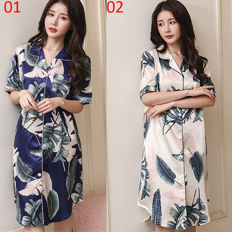 Đầm ngủ vải lụa Satin tay ngắn thoải mái chất lượng cao size M-3XL cho nữ