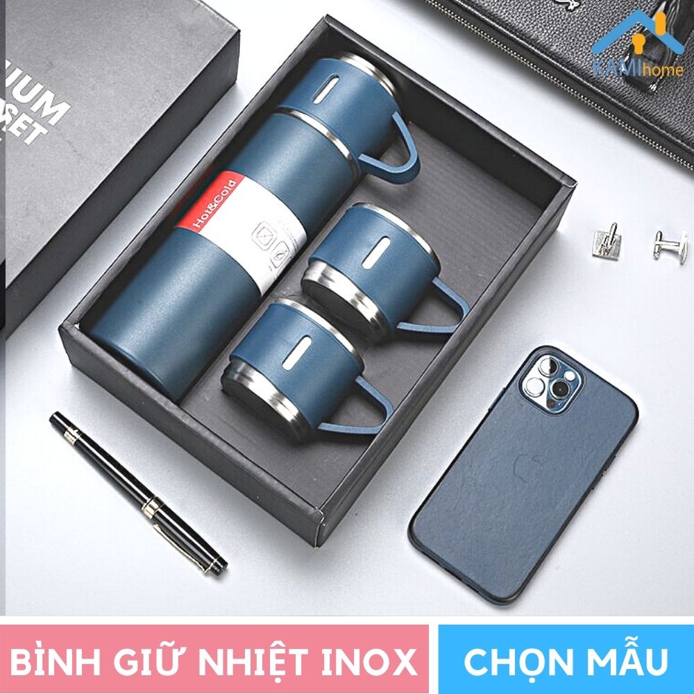 Bình giữ nhiệt inox 500ml nắp có quai Tặng 2 cốc ly cốc uống nước KM 22050