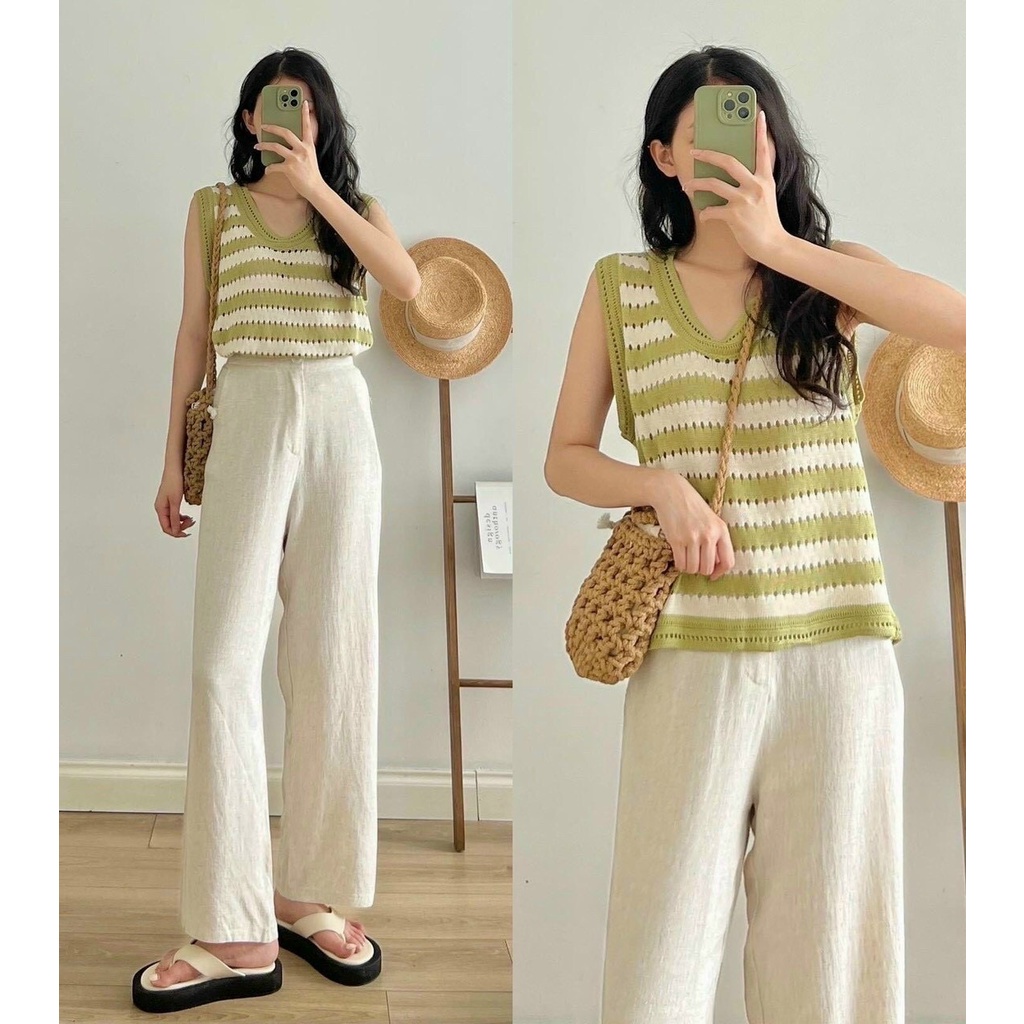 Áo len nữ sát nách, áo tanktop len ba lỗ croptop kẻ sọc ngang form đẹp