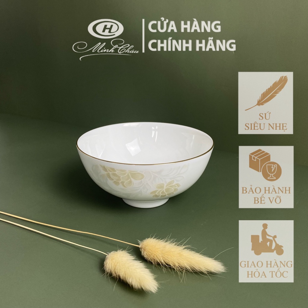 [Sứ Siêu Nhẹ] Bộ Bát Ăn Cơm Sứ Xương Hoa Kẻ Vàng - Sứ Minh Châu