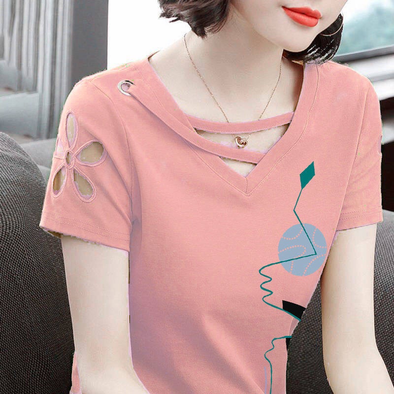Áo Thun Cotton Tay Ngắn Cổ Chữ V Màu Trơn Thiết Kế Khoét Rỗng Thời Trang Mùa Hè Hàng Mới 2020