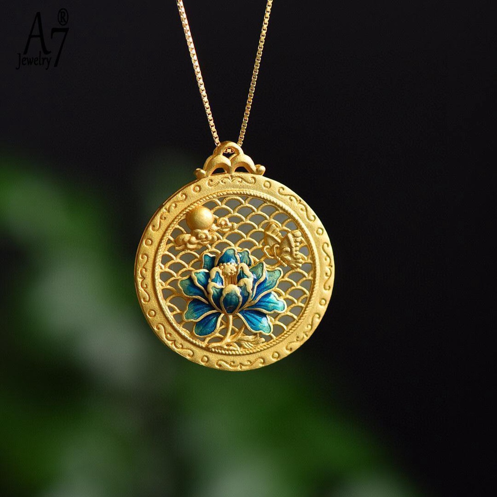 Vòng cổ Mạ Bạc 925 Mặt Hình Tròn Khắc Hoa Sen Phong Cách Trung Hoa Cổ Điển Màu Sắc Tùy Chọn